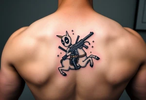 Deadpool riding unicorn holding big gun tattoo idea
