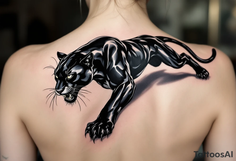 A majestic black panther mid-pounce, with glossy fur in deep obsidian and charcoal highlights, casting a shadow on the skin. tattoo idea