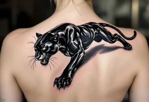 A majestic black panther mid-pounce, with glossy fur in deep obsidian and charcoal highlights, casting a shadow on the skin. tattoo idea