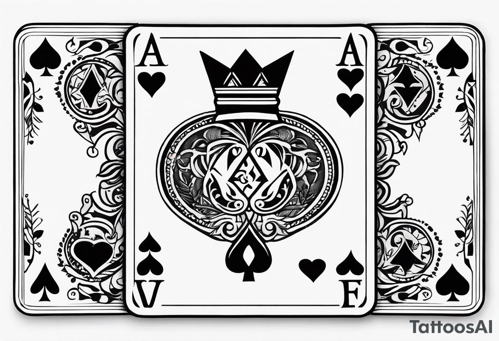 Only  Two cards no faces just letters and shapes, king of hearts with the K in the middle of the card and hearts in the corners and the Ace of spades behind it with the A in the corner peeking from behind the king of hearts card tattoo idea