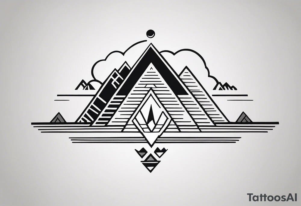 Create a minimalistic tattoo design incorporating a vertical line symbolizing a path. At the top is a spruce tree, the middle part is replaced with an outline of Machu Picchu, and at the bottom is an image of a sun with rays, stylized in Aztec art. Below the sun, add a small llama. All elements are done in black outline with no fill, creating a clean and symbolic image. tattoo idea