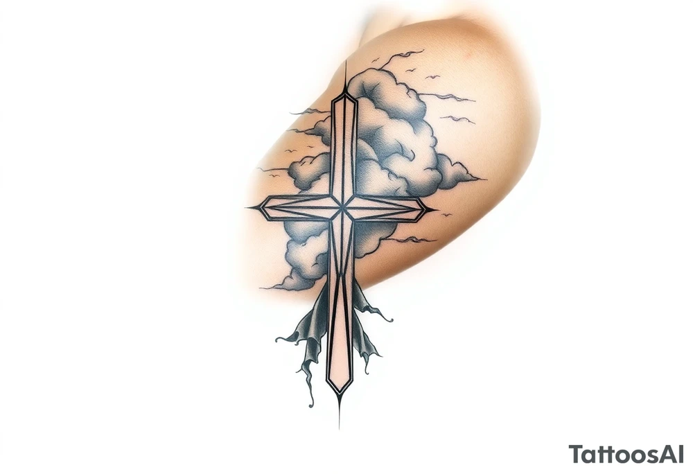cast all your anxiety on him because he cares for you" with a cross and clouds over it tattoo idea
