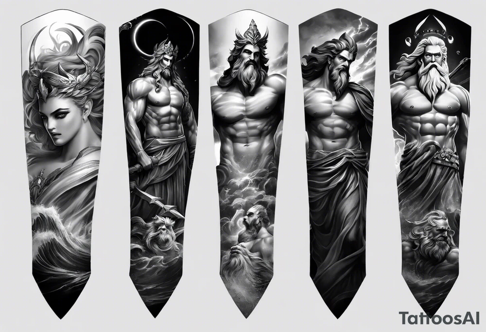 Full tattoo sleeve with Zeus, Poseidon and Hades. Zeus is at the left shoulder, Poseidon is at the left upper arm and Hades is at the left forearm. tattoo idea