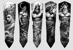 Full tattoo sleeve with Zeus, Poseidon and Hades. Zeus is at the left shoulder, Poseidon is at the left upper arm and Hades is at the left forearm. tattoo idea
