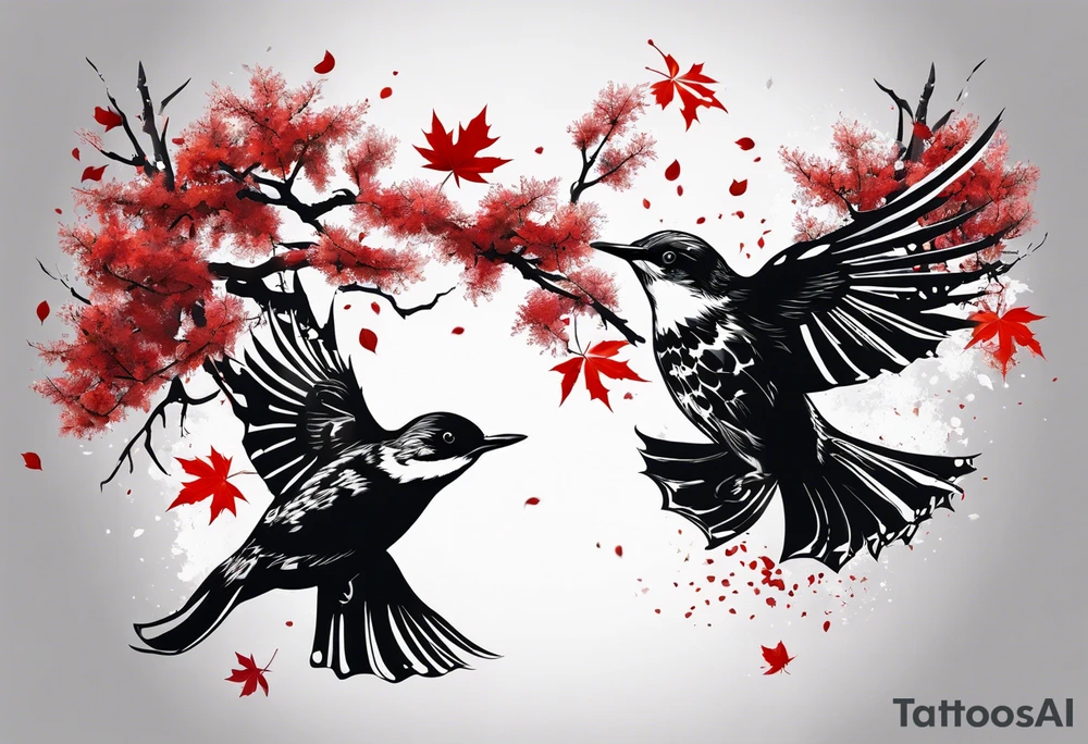 trash polka style. Arm tattoo. chest tattoo. Long tattoo. large tattoo. Full sleeve. Shoulder. A single large maple tree with red autumn leaves that branches upwards from wrist to shoulder. White-throated dipper bird on the trees branches. Calluna flowers at the base of the trees stem. Leaves falling. tattoo idea