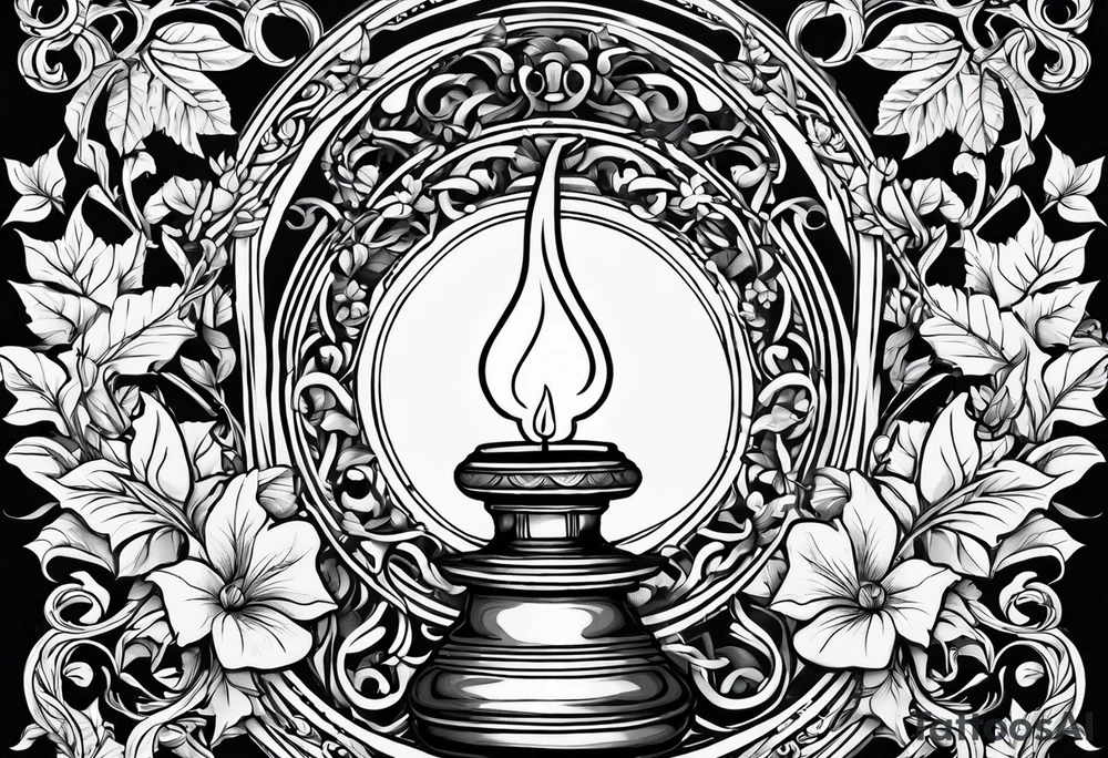 Oil lamp surrounded by leafy vines tattoo idea