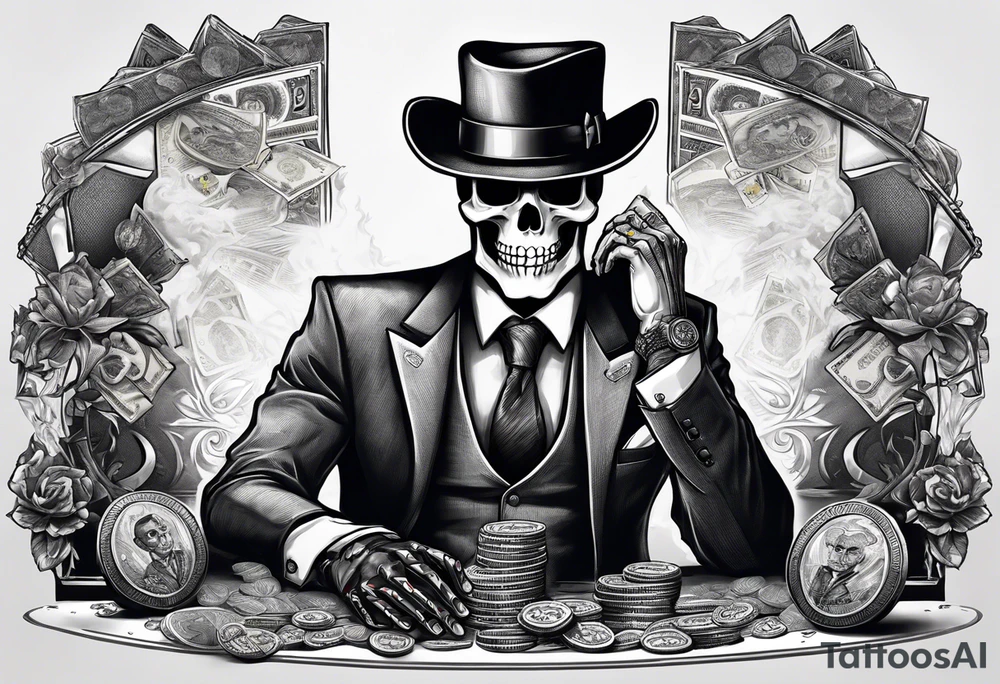 Skeleton in suit, with hat, sitting at the table, holding poker tokens, lots of cash tattoo idea tattoo idea