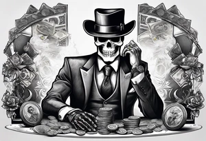 Skeleton in suit, with hat, sitting at the table, holding poker tokens, lots of cash tattoo idea tattoo idea