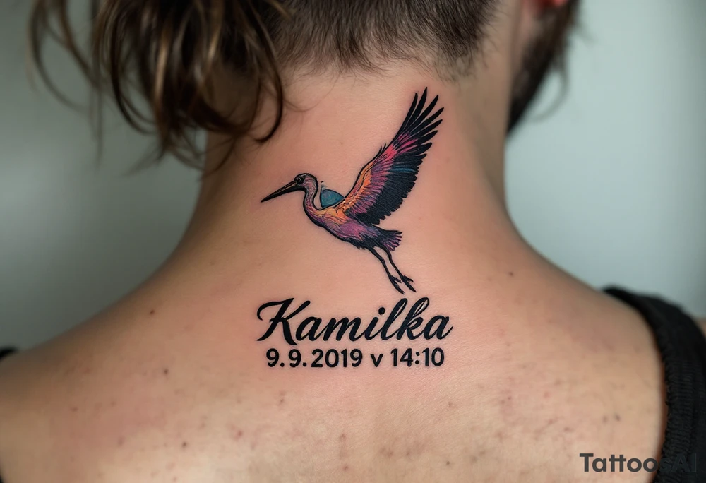 Stork silhouette flying above name Kamilka  and numbers "9.9.2019 v 14:10", inked in subtle muted tones. tattoo idea