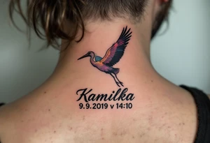 Stork silhouette flying above name Kamilka  and numbers "9.9.2019 v 14:10", inked in subtle muted tones. tattoo idea