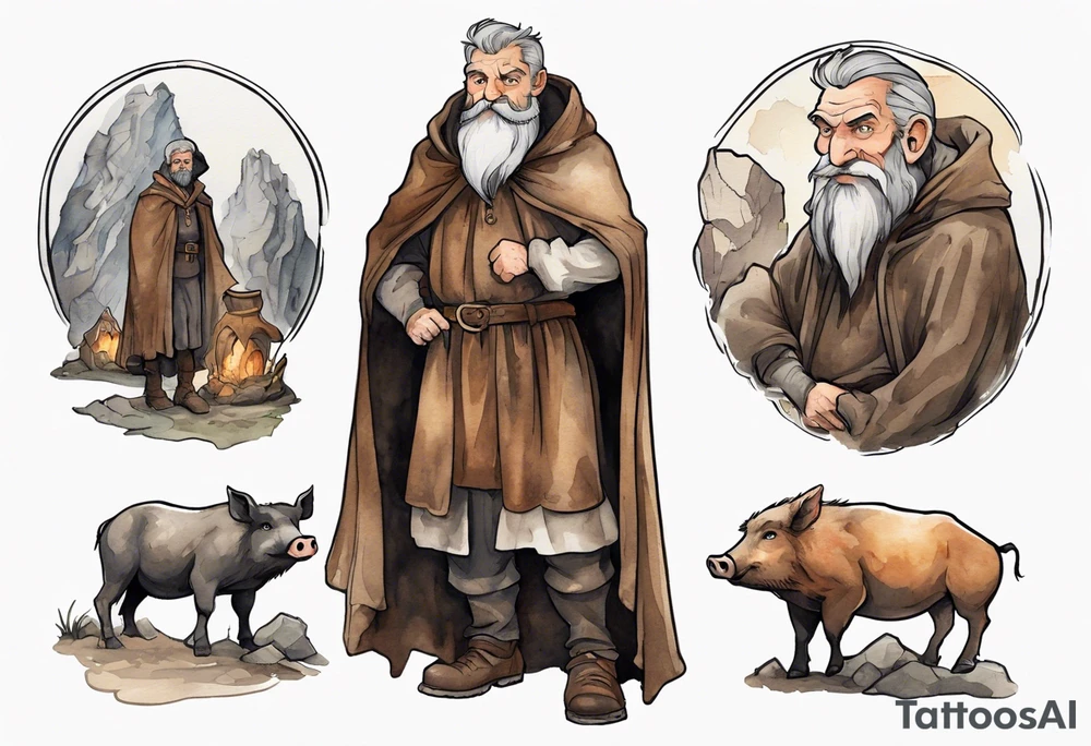 a 55-year-old medieval Bavarian man with a grey beard and broad shoulders wearing a brown and black cloak standing next to a boar in front of a cave tattoo idea