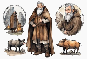 a 55-year-old medieval Bavarian man with a grey beard and broad shoulders wearing a brown and black cloak standing next to a boar in front of a cave tattoo idea