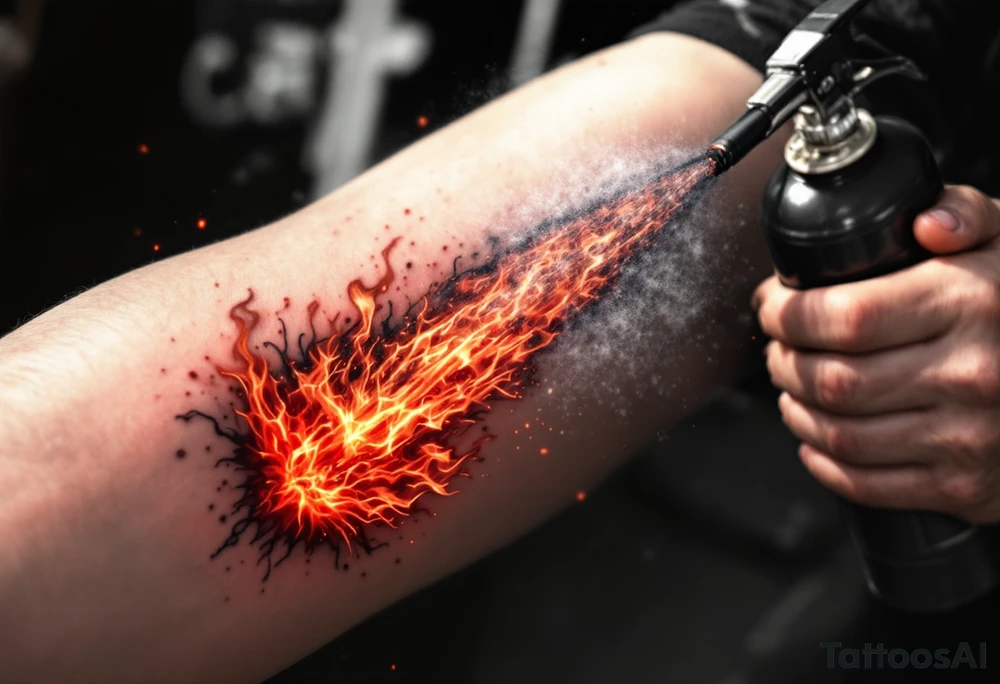 A fire extinguisher spraying a burst of flames, creating a contrast of cool white mist and blazing reds and oranges. tattoo idea