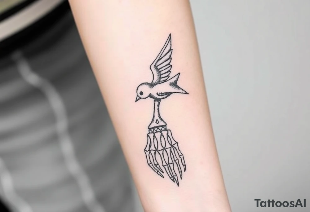 Skeleton hand reaching out of the ocean for a flying swallow tattoo idea