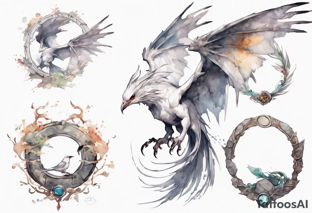 a white bird-wyvern hybrid, wearing an iron halo, perched on a stone tattoo idea
