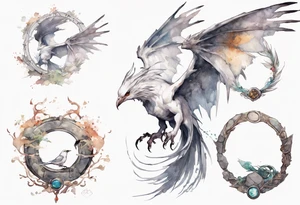 a white bird-wyvern hybrid, wearing an iron halo, perched on a stone tattoo idea