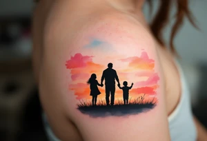 A silhouette of a father holding hands with two children at sunset, shaded in black with a soft orange and pink background. tattoo idea