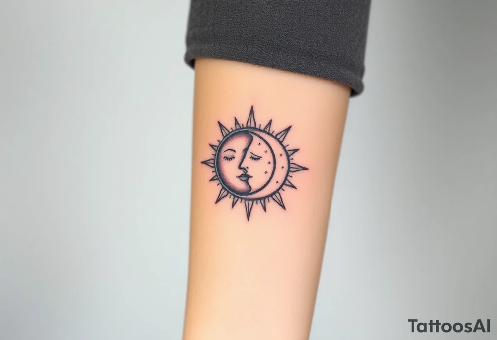 celestial sun and moon embrace with constellation patterns tattoo idea