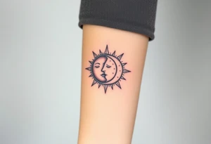 celestial sun and moon embrace with constellation patterns tattoo idea