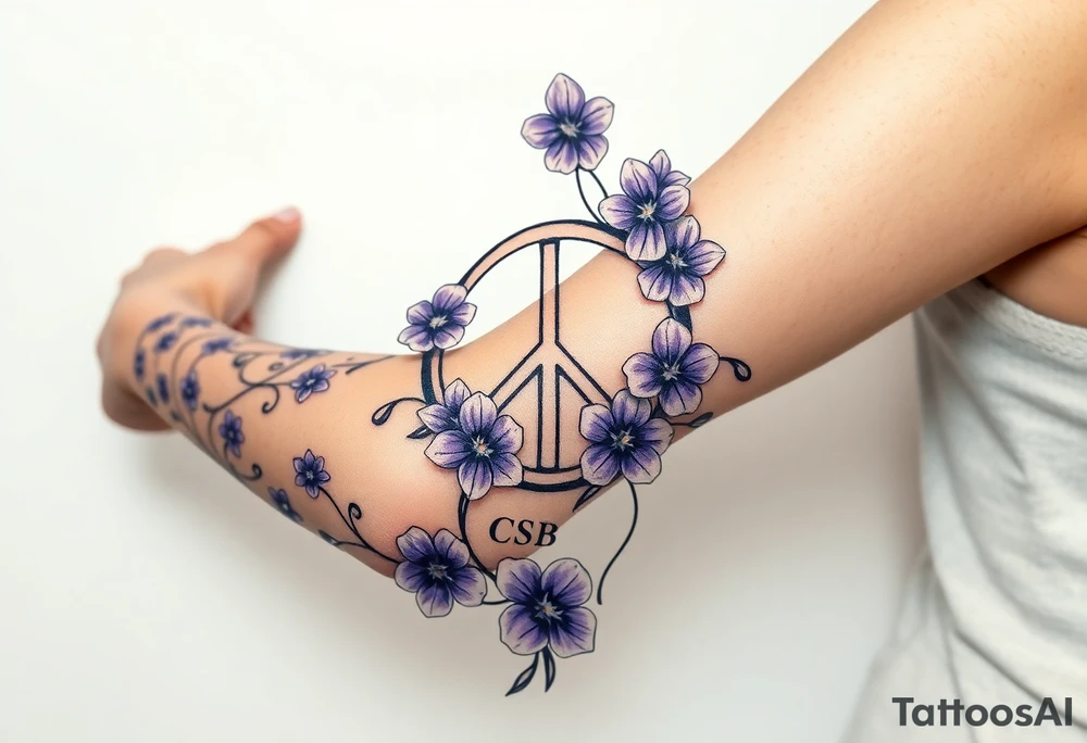 peace symbol intertwined with violets Pisces symbol, dog prints, amethyst, initials csb in cursive font tattoo idea