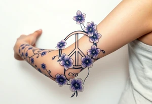 peace symbol intertwined with violets Pisces symbol, dog prints, amethyst, initials csb in cursive font tattoo idea