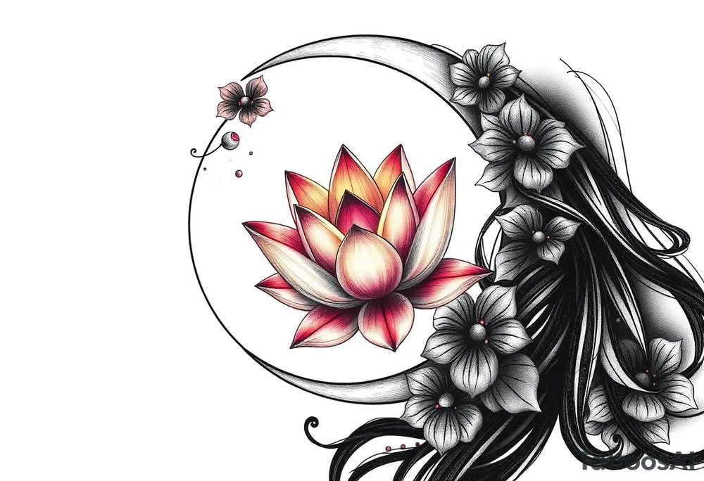 crescent floral moon with lotus flower glowing tattoo idea