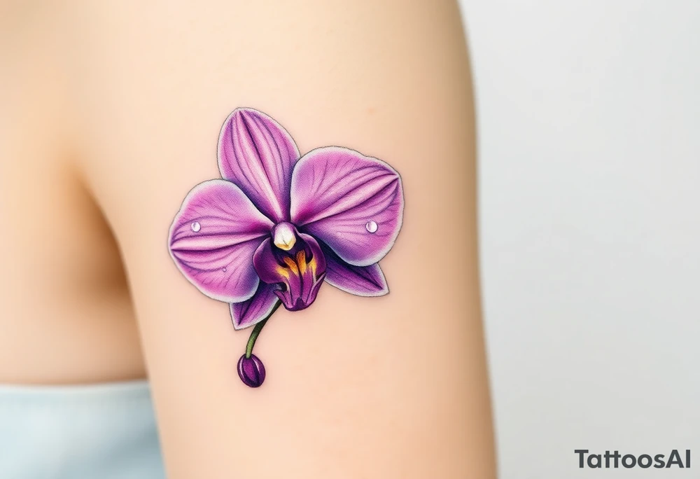 A hyper-realistic purple Phalaenopsis orchid, with dewdrops glistening on the petals, symbolizing beauty and grace tattoo idea