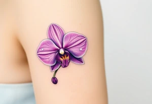 A hyper-realistic purple Phalaenopsis orchid, with dewdrops glistening on the petals, symbolizing beauty and grace tattoo idea