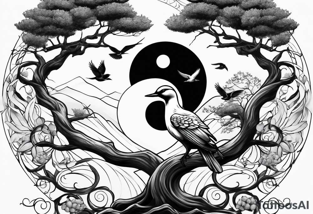 yin yang, tree, birds tattoo idea