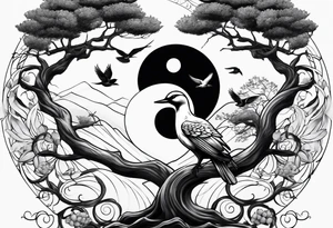 yin yang, tree, birds tattoo idea