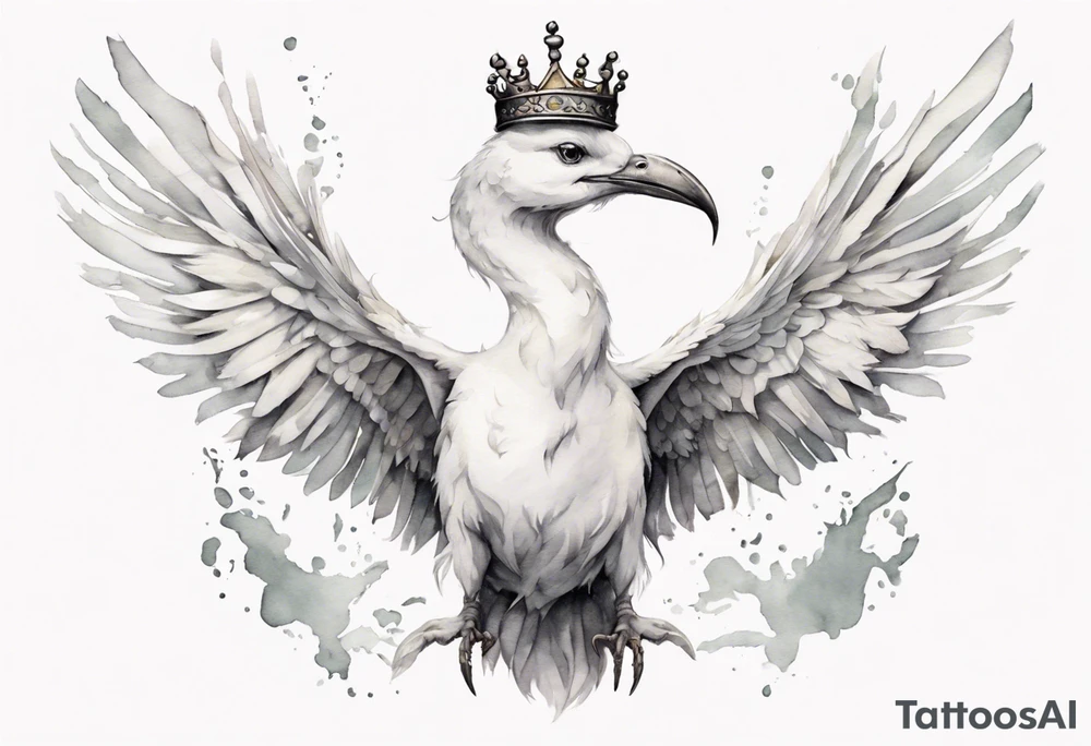 a white bird-serpent hybrid, wearing a small crown, flying in the air tattoo idea