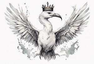 a white bird-serpent hybrid, wearing a small crown, flying in the air tattoo idea