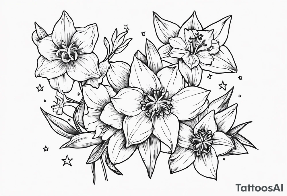 Larkspur, narcissus and stars tattoo idea