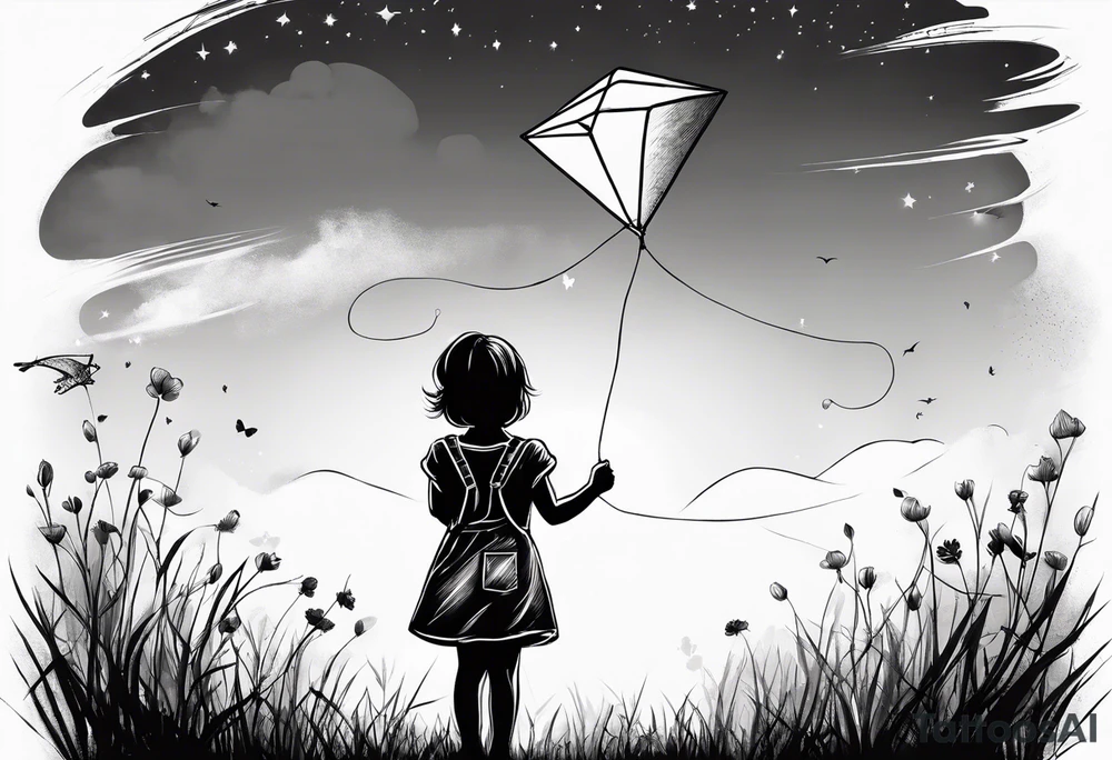 back image of a little girl in a dress, holding a kite , a teddy bear in overalls standing beside her tattoo idea