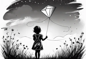 back image of a little girl in a dress, holding a kite , a teddy bear in overalls standing beside her tattoo idea