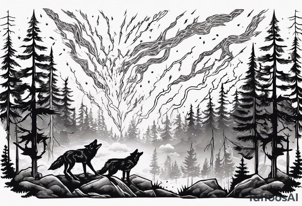 lightning storm over a forest with a distant wolf howling tattoo idea lightning storm over a forest with a distant wolf howling tattoo idea
