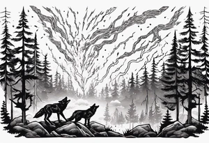 lightning storm over a forest with a distant wolf howling tattoo idea