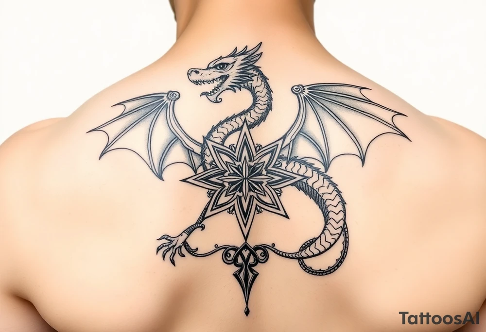 Masculine but beautiful and graceful dragon with a fancy celtic star and abstract filigree and knotwork tattoo idea