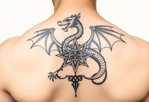 Masculine but beautiful and graceful dragon with a fancy celtic star and abstract filigree and knotwork tattoo idea