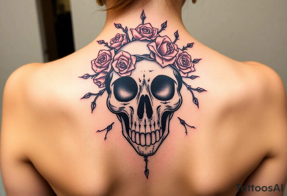 ornate skull adorned with crown of wild roses and thorns tattoo idea
