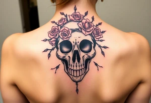 ornate skull adorned with crown of wild roses and thorns tattoo idea