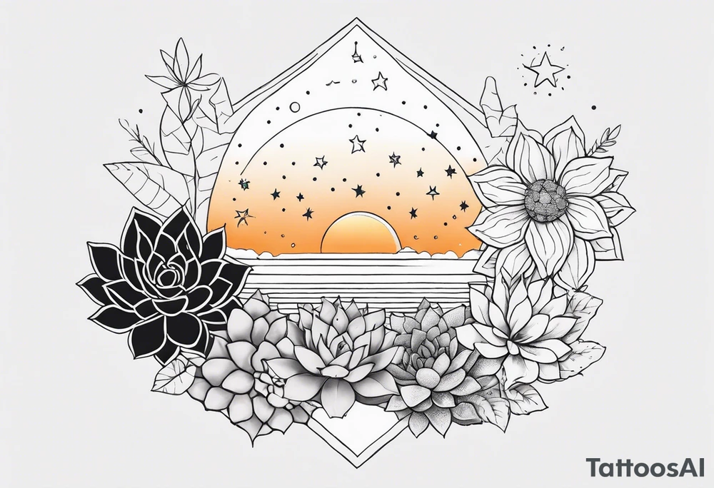 fine line with sun, stars, floral, dots, three succulents
. Sternum tattoo grey scale shading tattoo idea