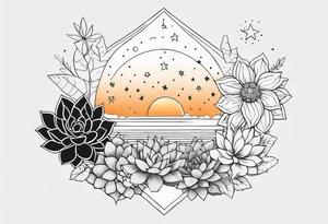 fine line with sun, stars, floral, dots, three succulents
. Sternum tattoo grey scale shading tattoo idea