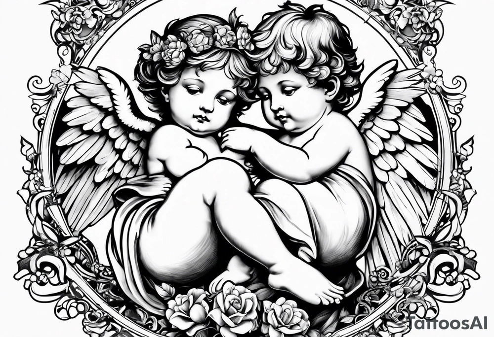 3 cherubs that look realistic, not cartoony. one of them is a girl holding a balloon, one is a boy holding a money bag, one is a girl hugging a heart. make them all separated tattoo idea