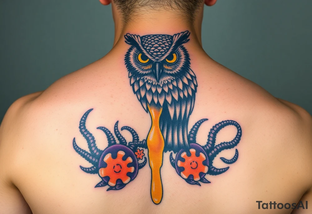 Honey comb, owl dripping honey over sea creatures tattoo idea