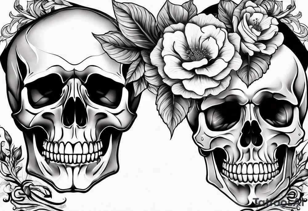 a male and female skeleton with bibiscus flowers. western style tattoo idea