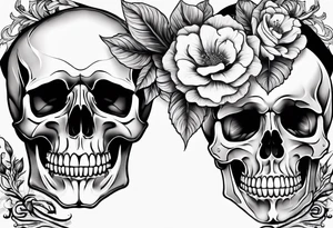 a male and female skeleton with bibiscus flowers. western style tattoo idea