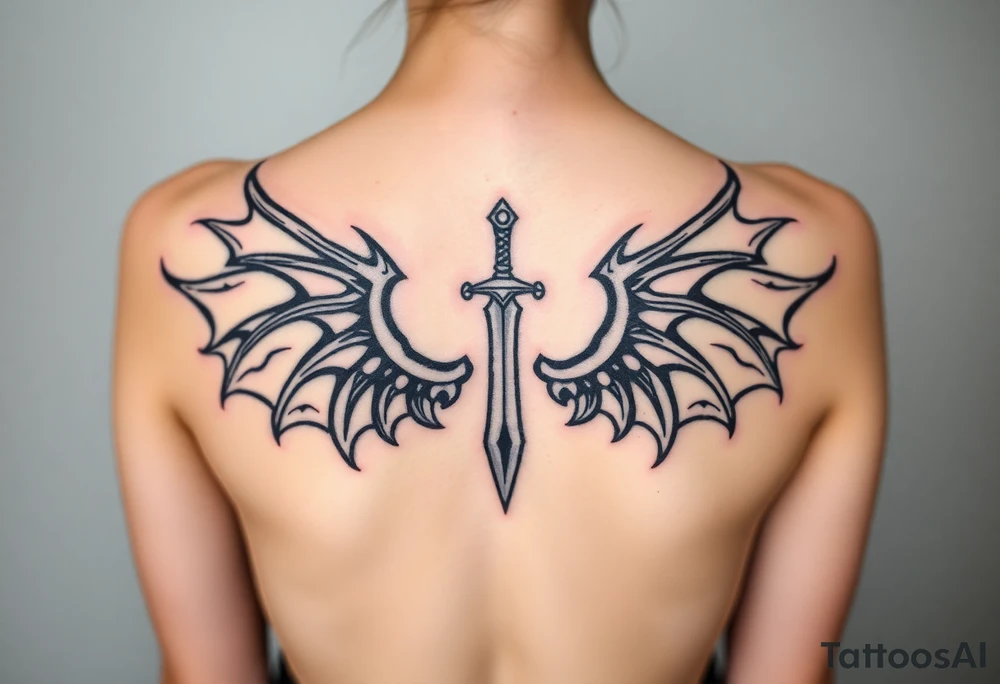 Dragon wings with sword in middle tattoo idea