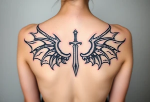 Dragon wings with sword in middle tattoo idea