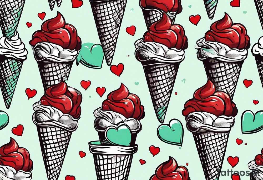 simple mint chocolate chip ice cream cone with small red heart on it somewhere. tattoo idea
